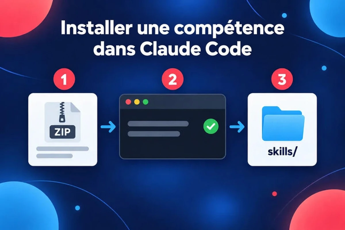 Installer une compétence dans Claude Code en trois étapes : récupérer le ZIP, lancer l'installation, le placer dans le dossier skills