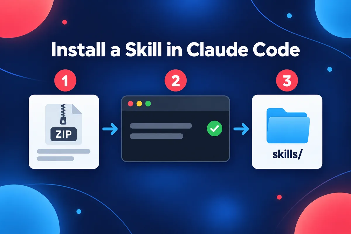 Install a skill in Claude Code in three steps: get the ZIP, run the install, place it in the skills folder