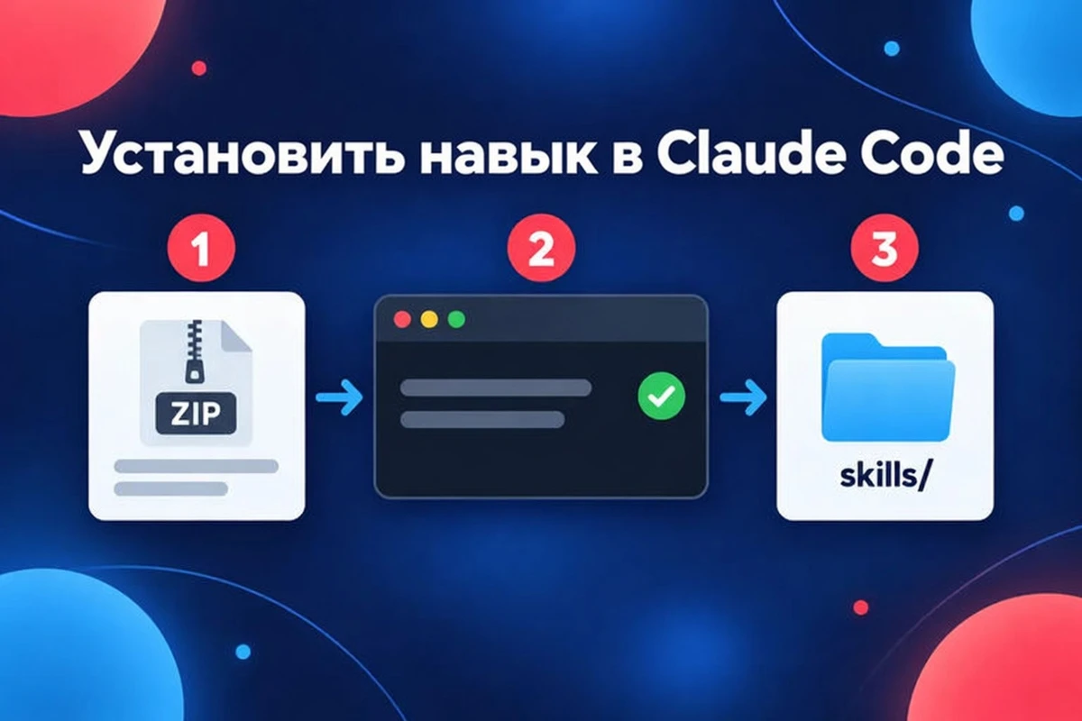 Установка навыка в Claude Code в три шага: получить ZIP, запустить установку, поместить в папку skills