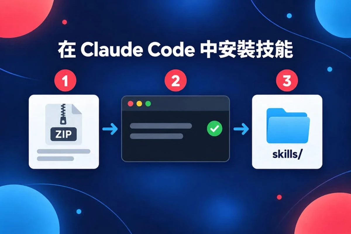 在 Claude Code 用三個步驟安裝技能：取得 ZIP、執行安裝、放到 skills 資料夾