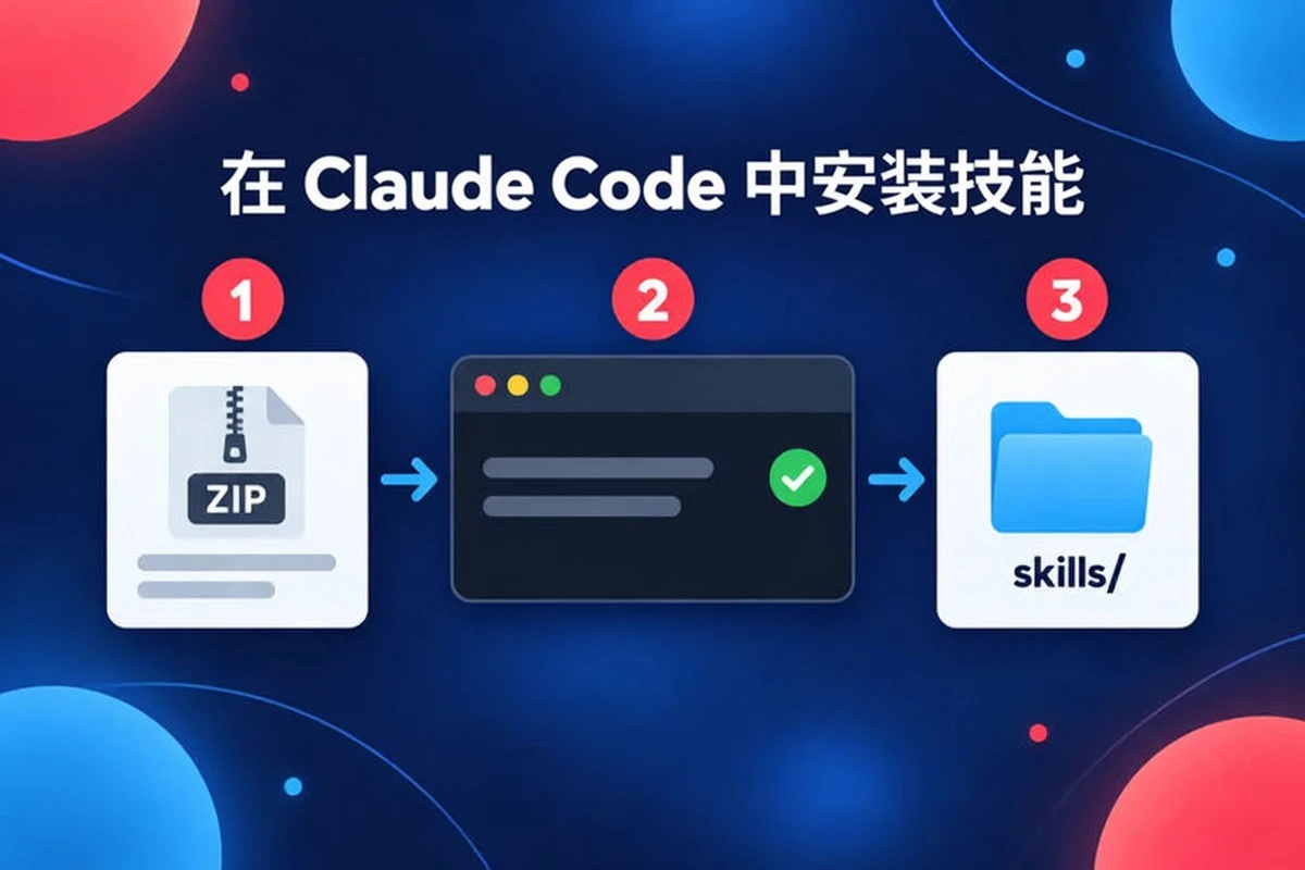 在 Claude Code 里分三步安装技能：获取 ZIP、运行安装、放到 skills 文件夹