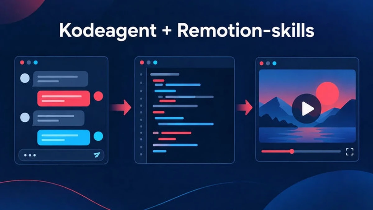 En kodeagent som Claude Code skriver Remotion-kode ved hjælp af agent skills, og du gennemgår og render projektet