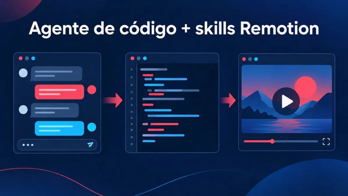 Un agente de código como Claude Code escribe código de Remotion usando agent skills, y tú revisas y renderizas el proyecto