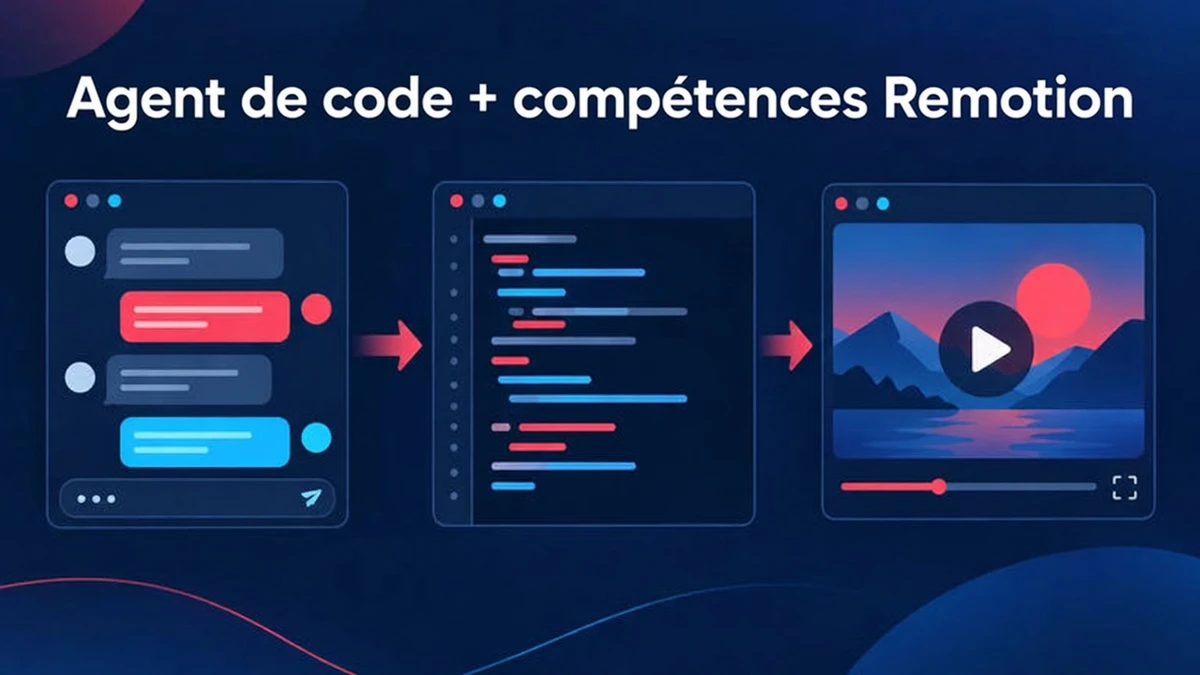 Un agent de codage tel que Claude Code écrit du code Remotion à l'aide de skills d'agent, et vous relisez puis rendez le projet