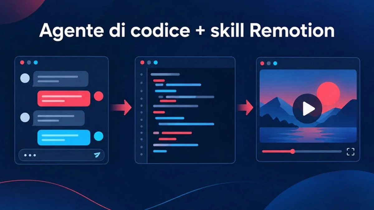 Un agente di coding come Claude Code scrive codice Remotion usando le skill per agenti, e tu rivedi e renderizzi il progetto