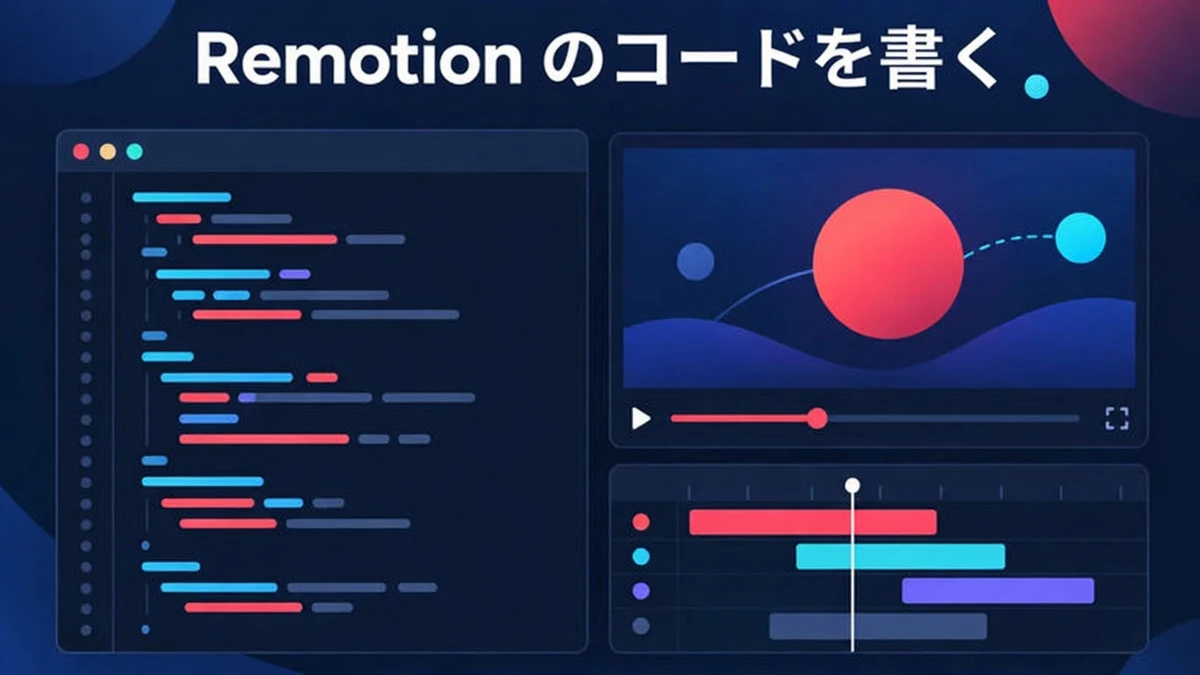 自分で Remotion コードを書く：React コンポーネントがフレーム番号を受け取り、アニメーションの 1 フレームを描画する