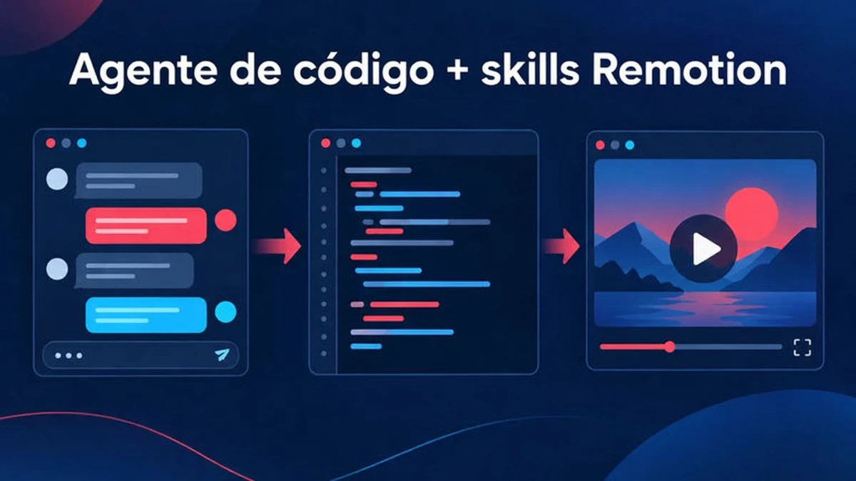 Um agente de código como o Claude Code escreve código Remotion usando skills de agente, e você revisa e renderiza o projeto