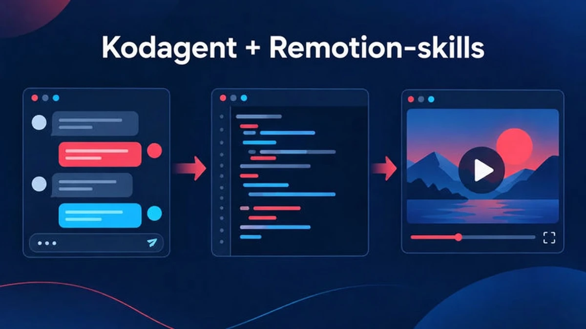 En kodagent som Claude Code skriver Remotion-kod med hjälp av agent skills, och du granskar och renderar projektet