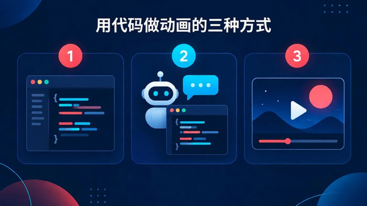 制作代码构建动画的三种方式：编写 Remotion 代码、使用具备 Remotion 技能的编码代理，或使用无代码动态图形工具