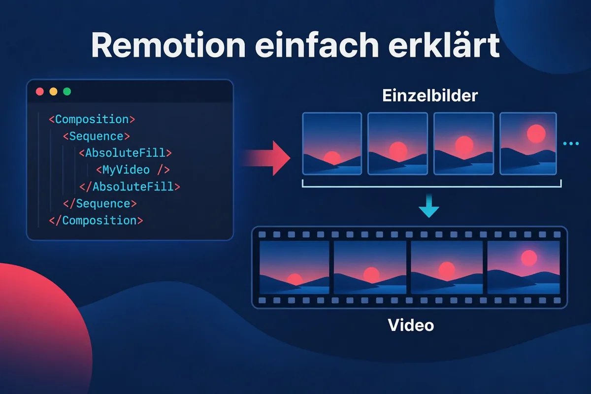 Schaubild zur Videoerstellung mit Remotion: Eine React-Komponente erhält eine Bildnummer und zeichnet das entsprechende Einzelbild; die wiederholte Ausführung ergibt ein Video