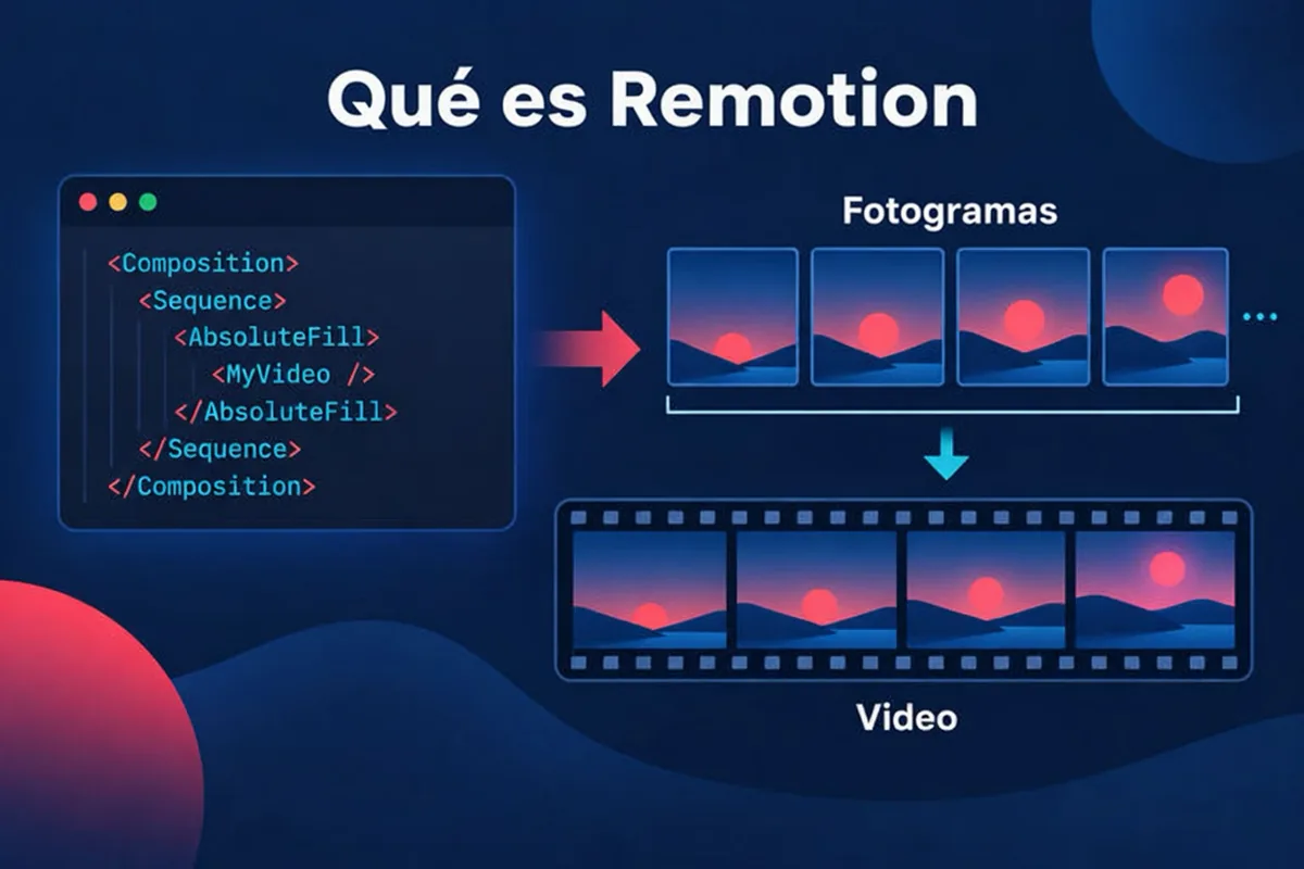 Diagrama conceptual de un componente de React que recibe un número de fotograma y dibuja ese fotograma, repitiendo el proceso para formar un video