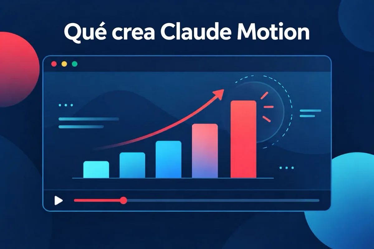Diagrama conceptual de cómo una instrucción y el material de origen se convierten en un video con Claude Motion: escenas animadas con texto, un gráfico y formas que se exportan como MP4