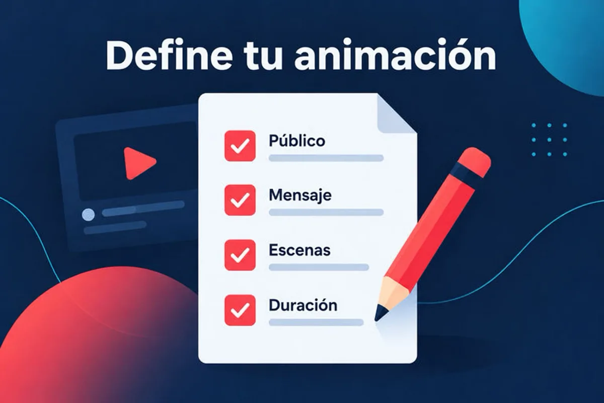 Diagrama conceptual de un documento de una página para planificar un video, con público, lugar de uso, duración, datos clave y una llamada a la acción final