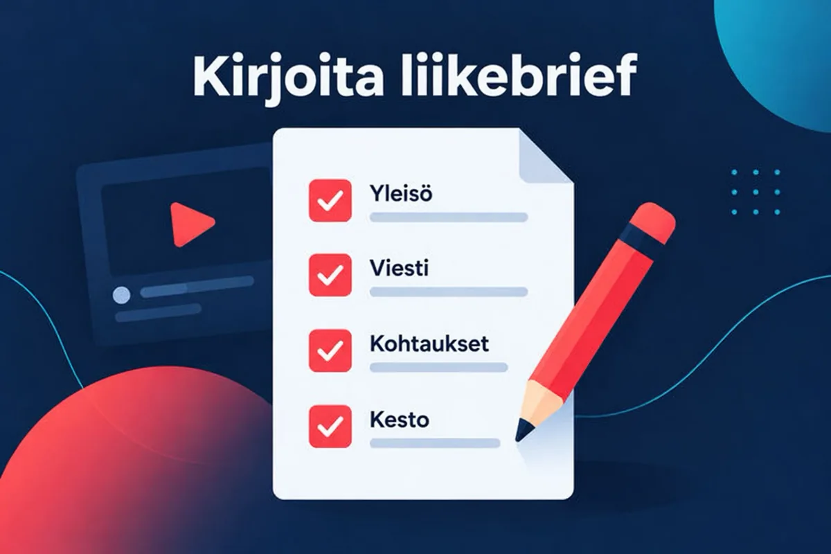 Käsitekaavio yhden sivun briefistä, jossa luetellaan yleisö, sijoittelu, kesto, keskeiset faktat ja lopetuksen toimintakehote