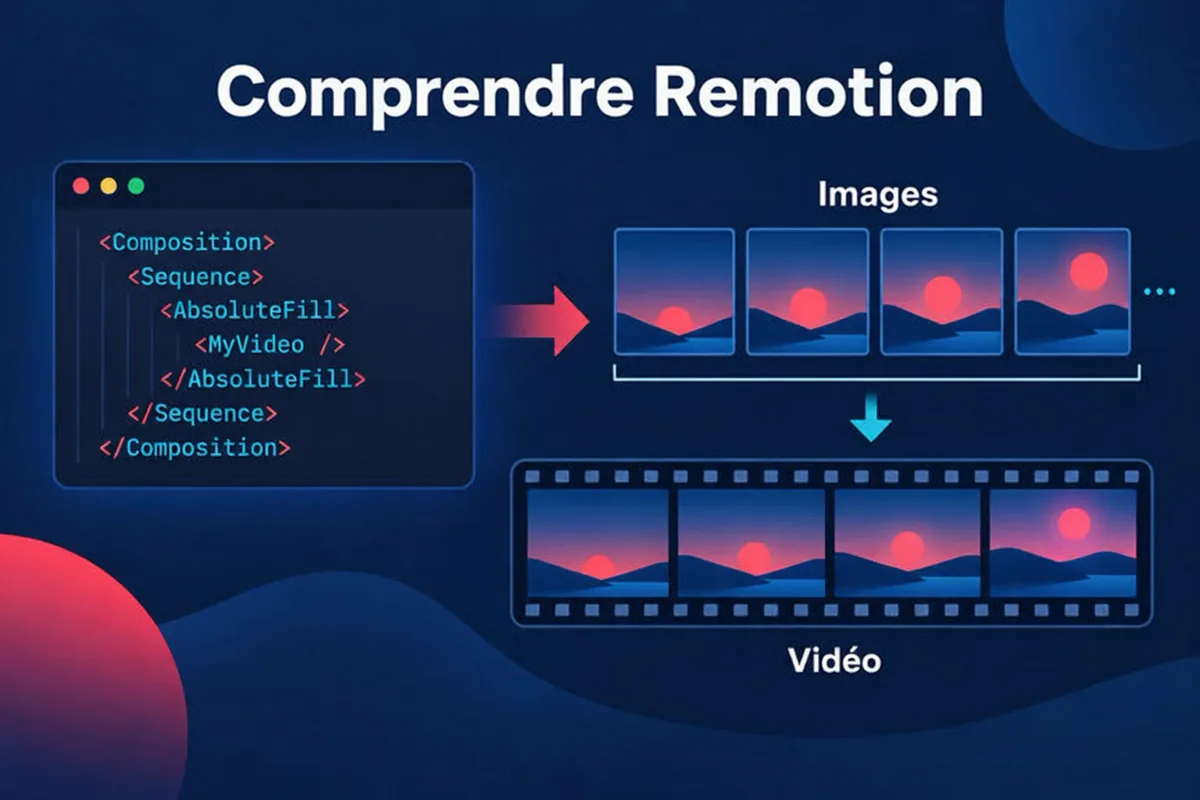 Schéma de création vidéo avec Remotion : un composant React reçoit un numéro d’image et dessine l’image correspondante, puis répète l’opération pour former une vidéo