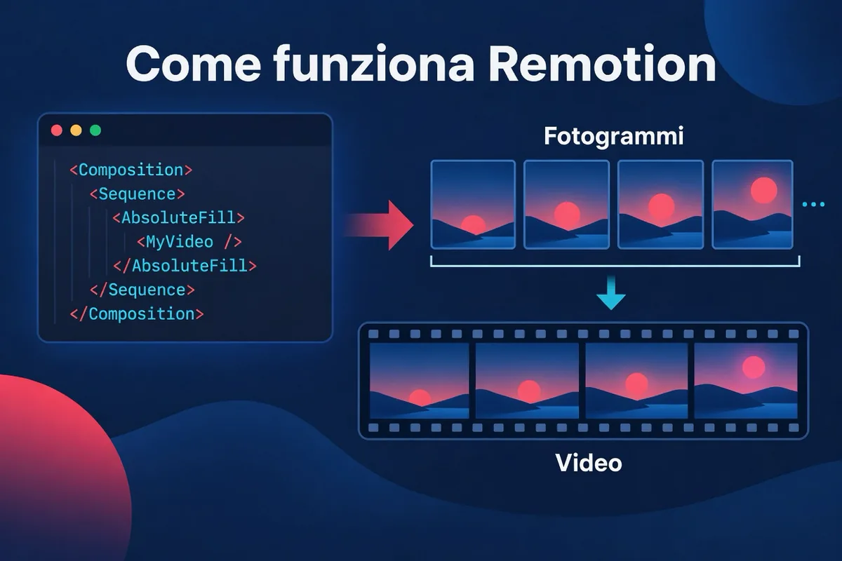 Schema di un componente React che riceve il numero di un fotogramma e lo disegna, ripetendo il processo per comporre un video
