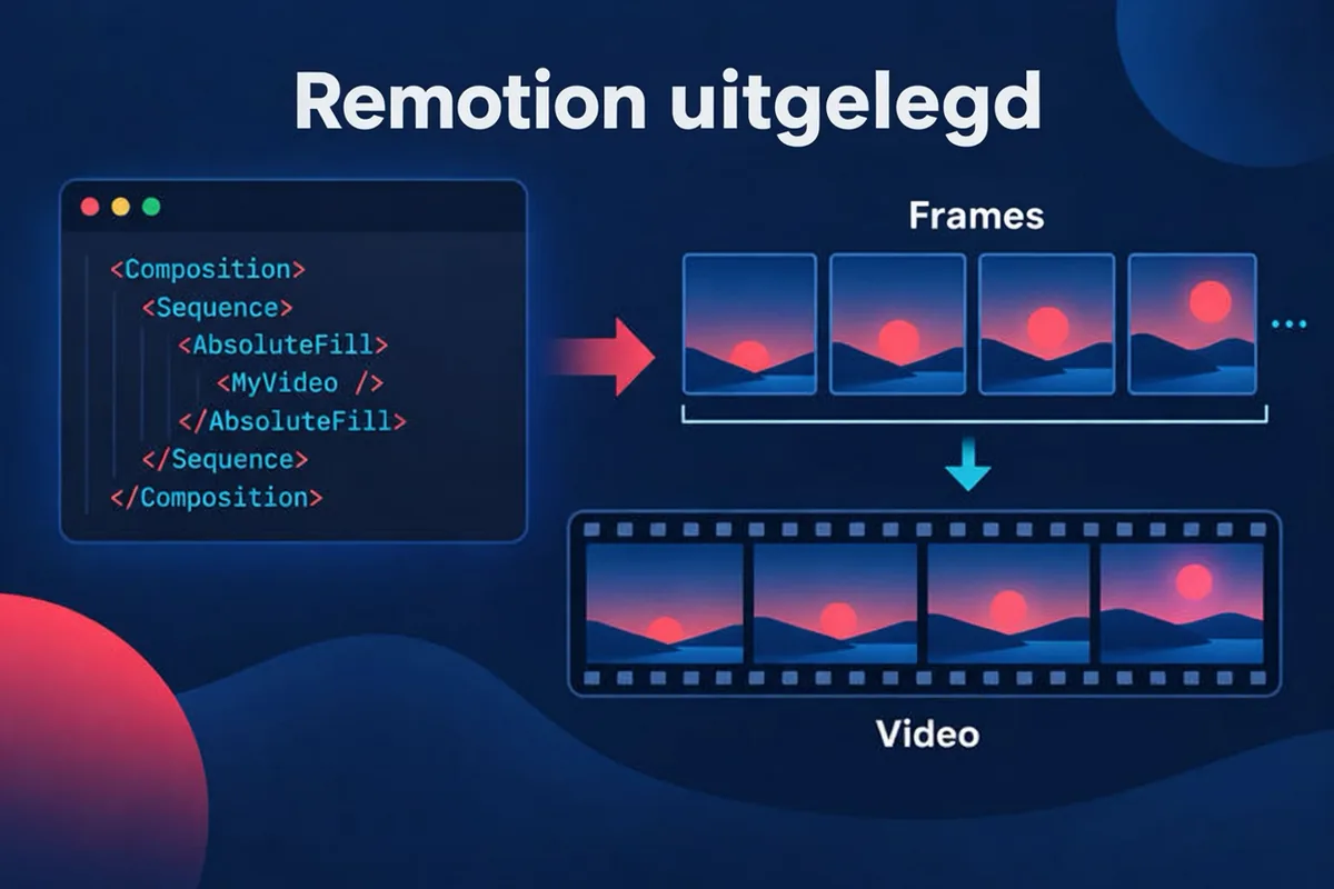 Een conceptdiagram van een React-component die een framenummer ontvangt en één frame tekent, herhaald om een video te vormen