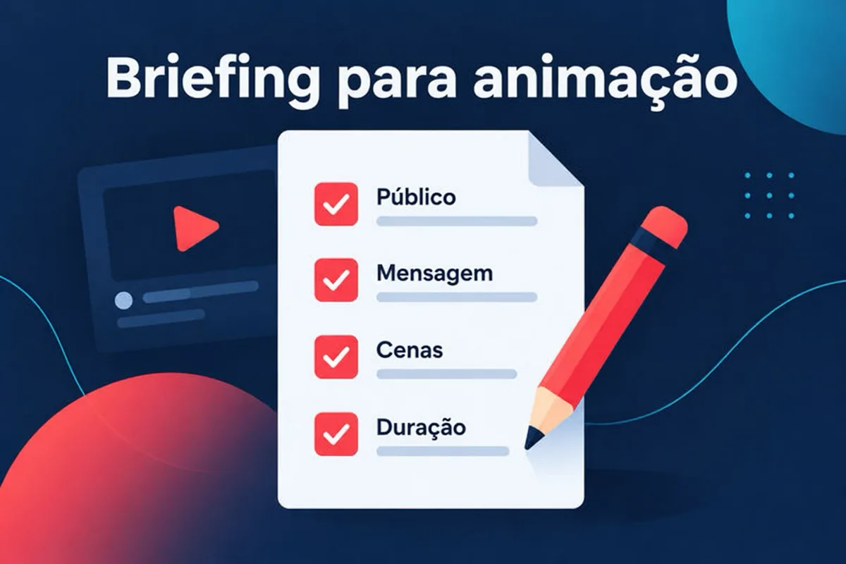 Diagrama conceitual de um briefing de uma página com público, local de exibição, duração, informações essenciais e uma chamada para ação no encerramento