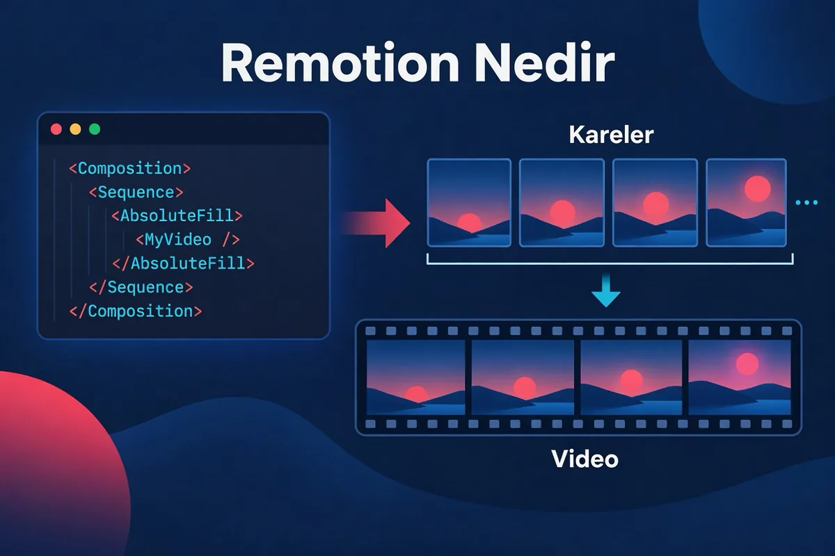 Bir React bileşeninin bir kare numarası alıp tek bir kare çizmesini ve bunun bir videoyu oluşturacak şekilde tekrarlanmasını gösteren kavram şeması