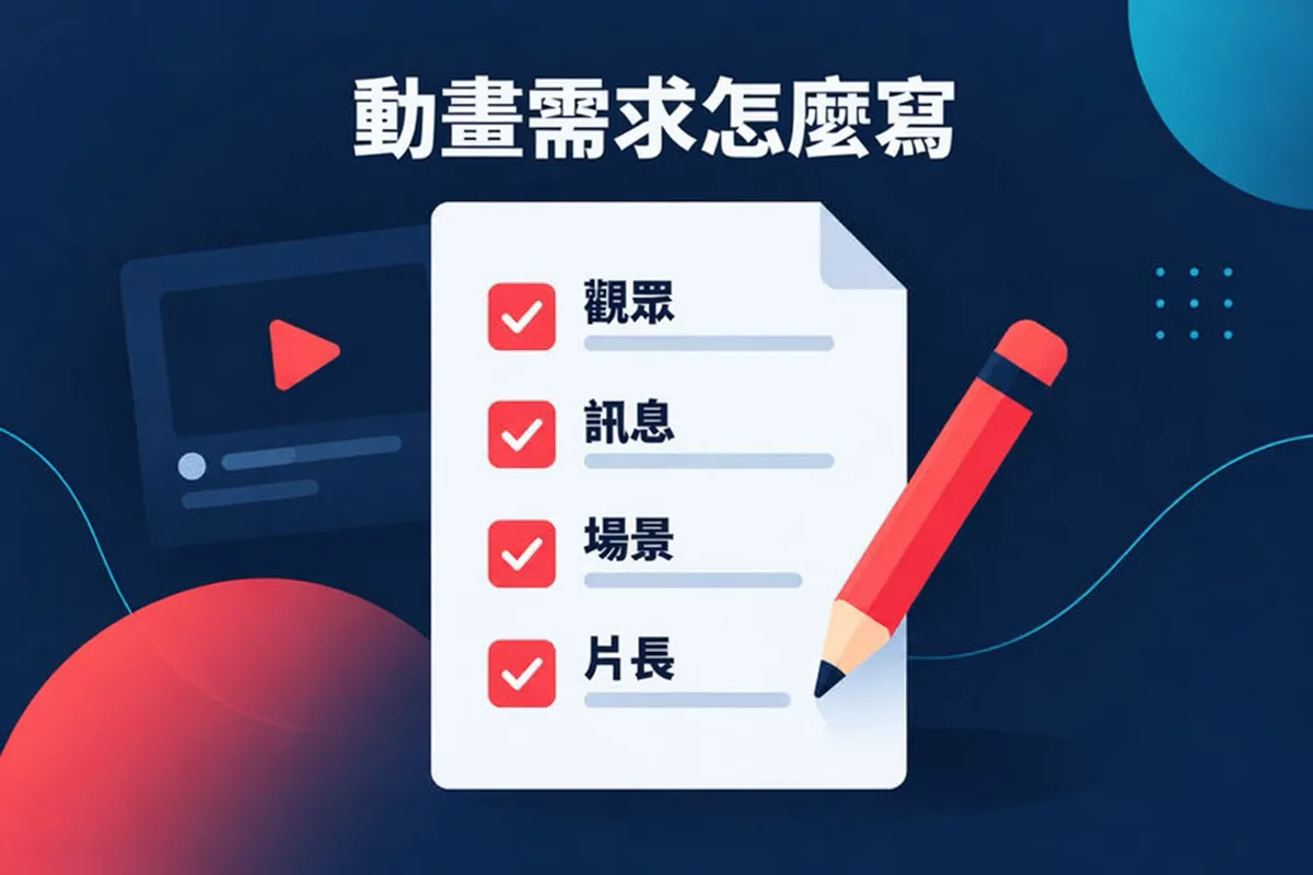 適用於 Claude Motion 與 Potto 的單頁動畫需求概念圖，列出觀眾、播放位置、片長、關鍵事實與結尾行動呼籲