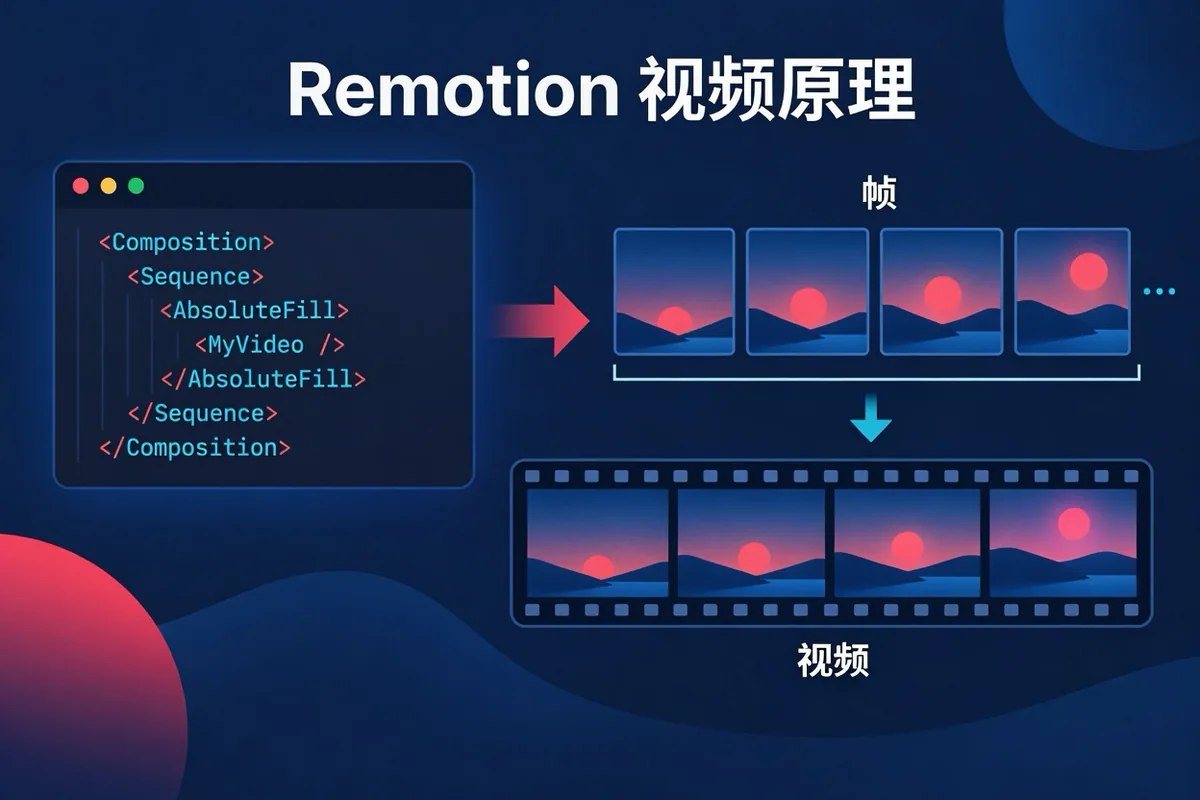 代码制作视频的原理示意图：React 组件接收帧编号并绘制对应画面，重复这一过程后组成视频