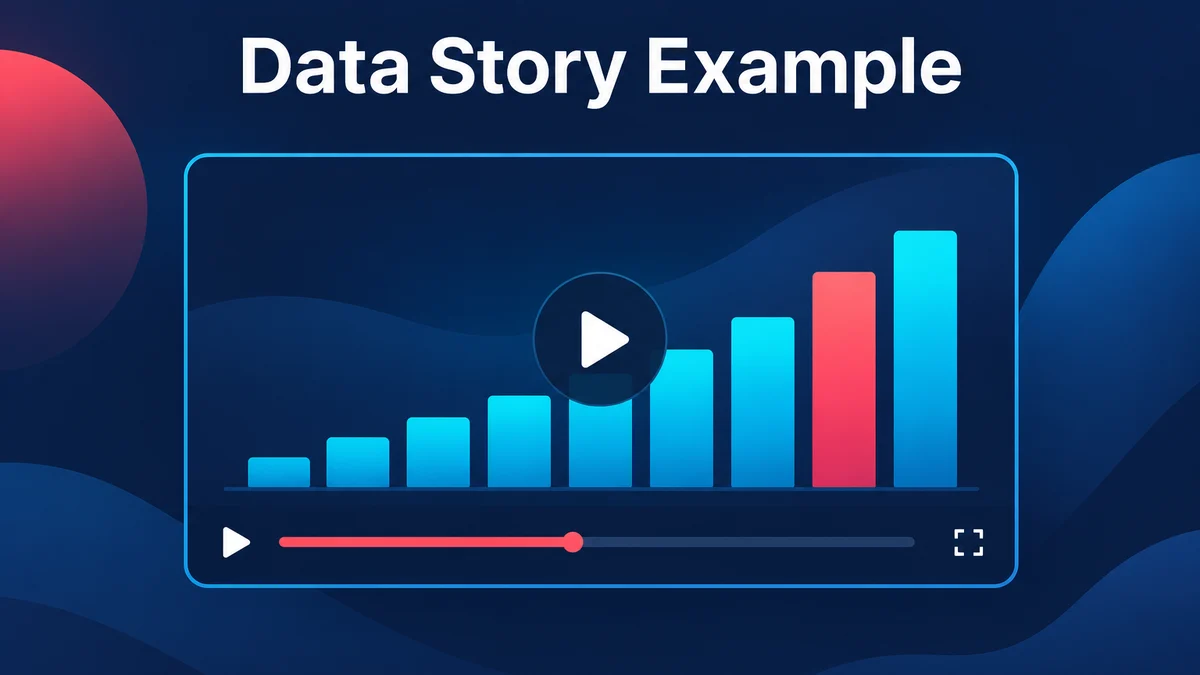 A data story explainer video example with a bar chart, a before-and-after comparison and a closing headline number.