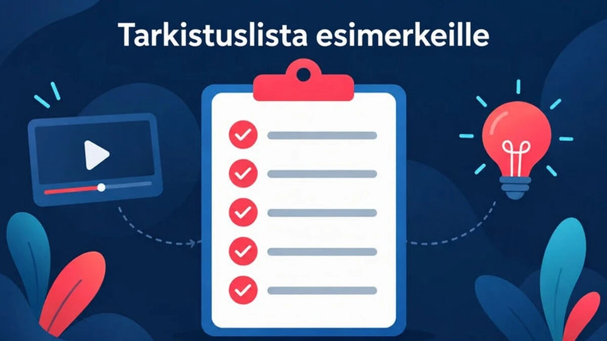 Selitysvideo esimerkin tarkistuslista: viesti, rakenne, ruudulla näkyvä teksti, faktat ja lopetus.