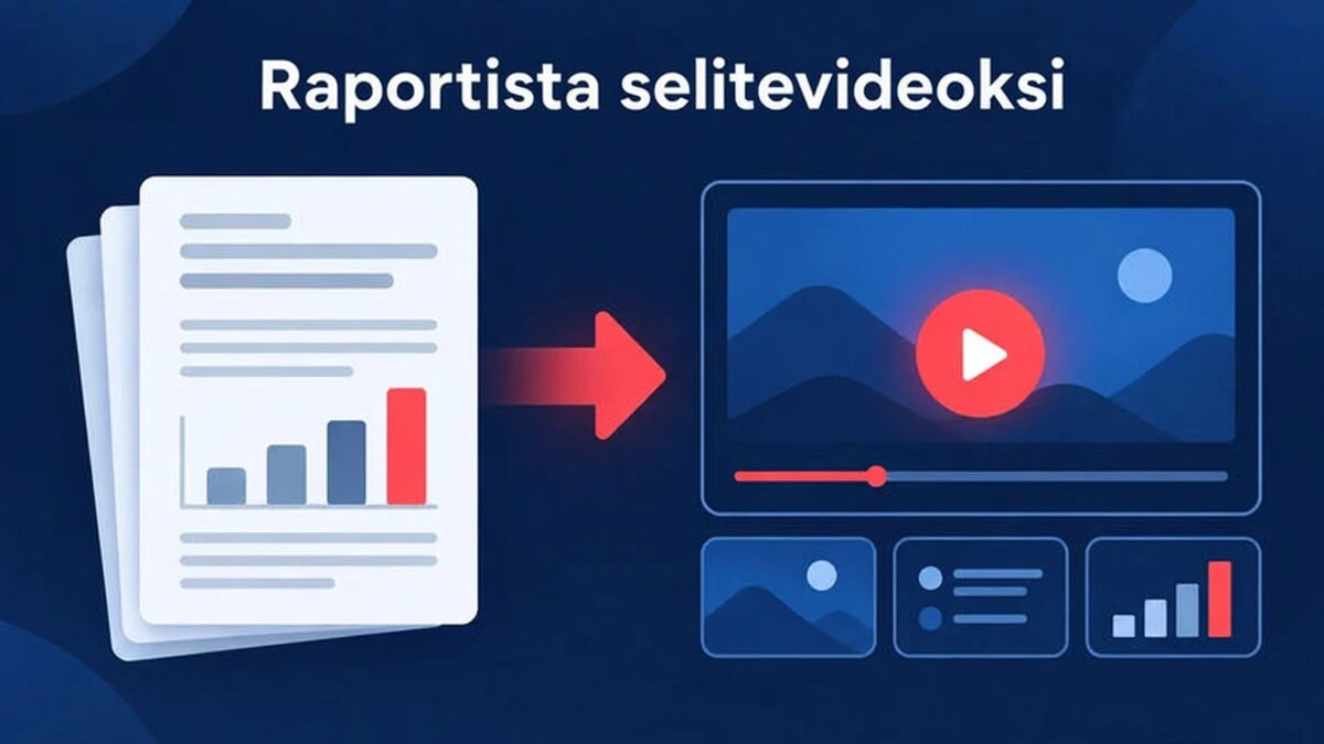 Esimerkki raportista selitysvideoksi, joka muuttaa raportin otsikkoluvut ja tavoitteet lyhyeksi kohtausten sarjaksi.