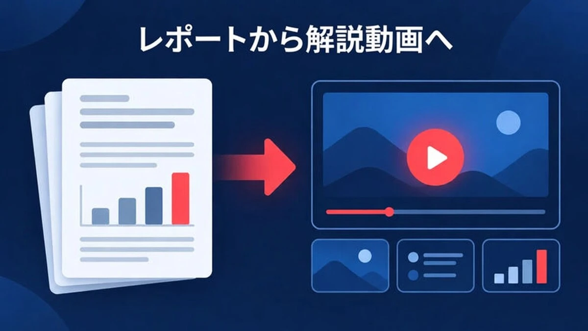 レポートの主要な数値と目標を短いシーンの連続に変える、レポートから解説動画への事例。