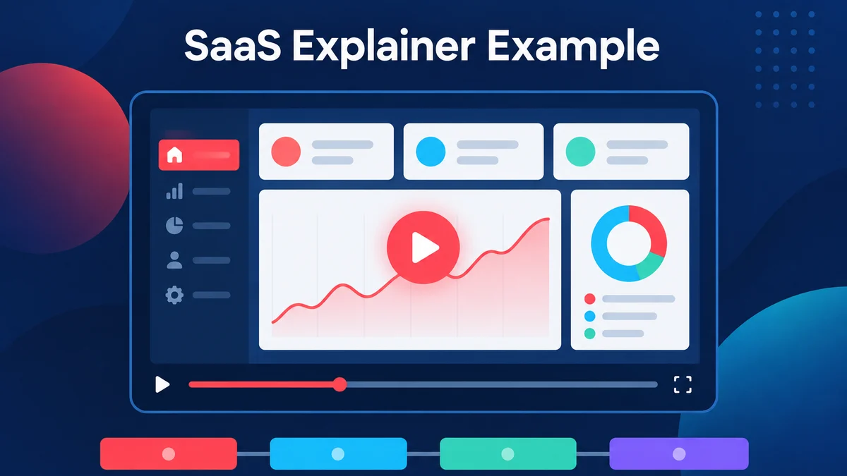 A SaaS explainer video example showing a product demo built from three interface screenshots, a feature list and a closing call to action.