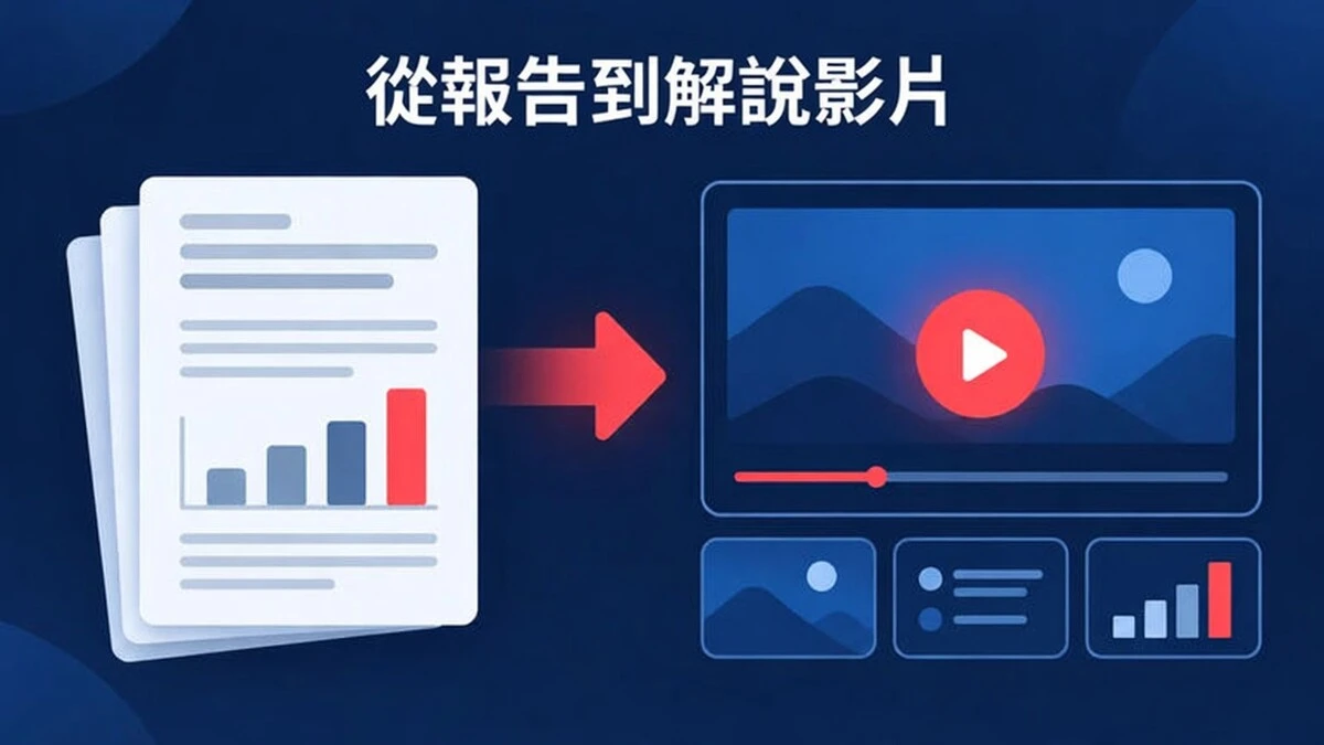 將報告中的主要數字與目標轉換成一段短場景序列的報告轉解說影片範例。