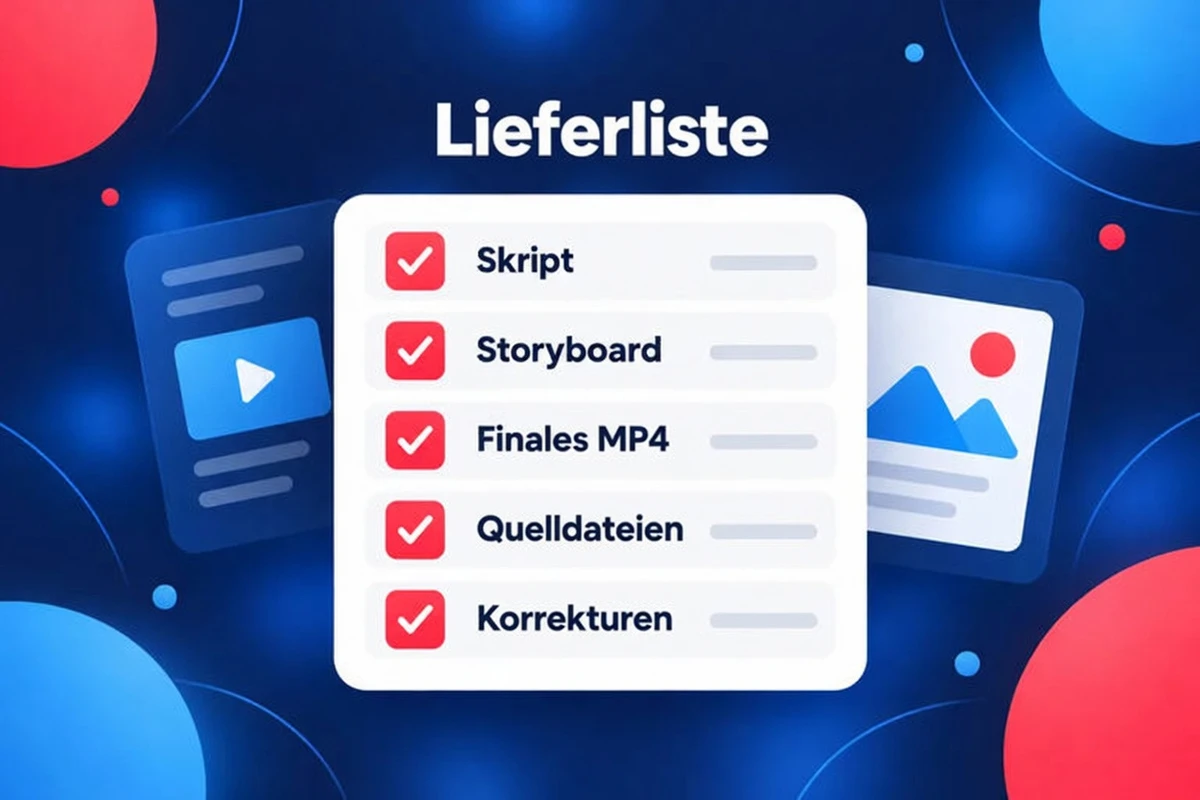 Checkliste der Liefergegenstände für ein Erklärvideo: Skript, Storyboard, fertiges MP4, Quelldateien und Überarbeitungen