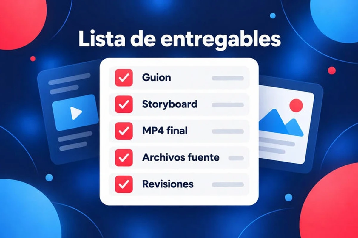 Lista de entregables de un vídeo explicativo: guion, storyboard, MP4 final, archivos fuente y revisiones
