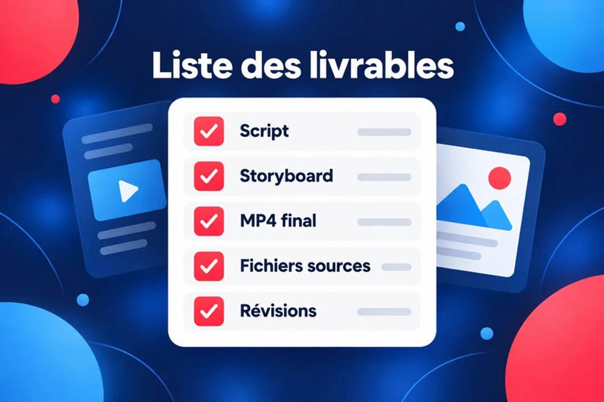 Liste des livrables d’une vidéo explicative : script, storyboard, MP4 final, fichiers sources et révisions