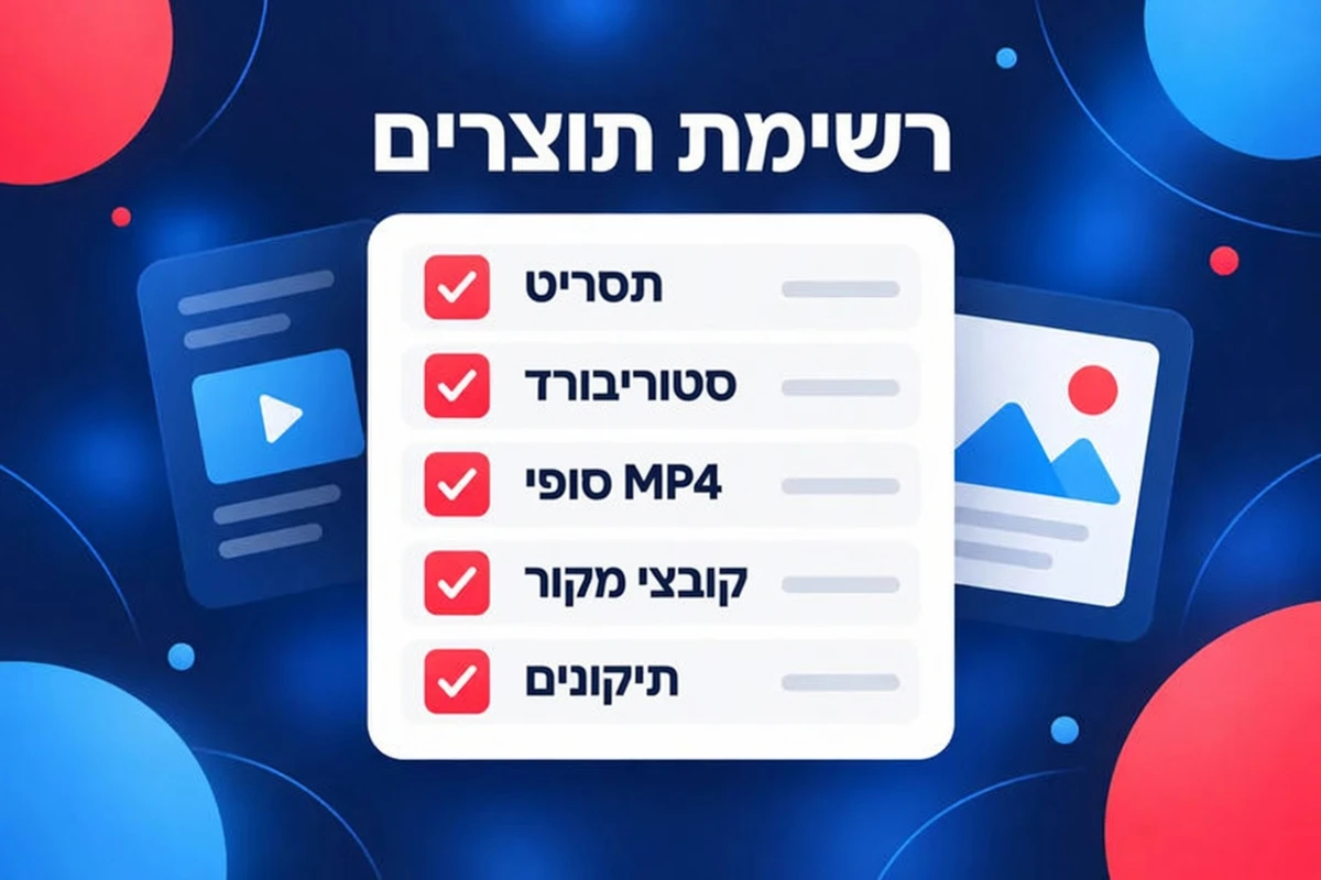 רשימת תוצרים לסרטון הסבר: תסריט, סטוריבורד, קובץ MP4 סופי, קובצי מקור ותיקונים