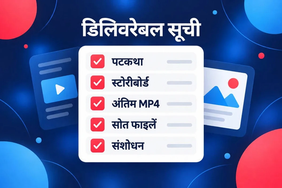 एक्सप्लेनर वीडियो डिलिवरेबल्स की चेकलिस्ट: स्क्रिप्ट, स्टोरीबोर्ड, फ़ाइनल MP4, सोर्स फ़ाइलें और रिवीज़न