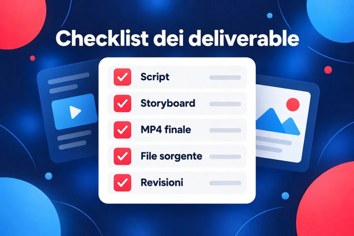 Checklist dei materiali di un video esplicativo: script, storyboard, MP4 finale, file sorgente e revisioni