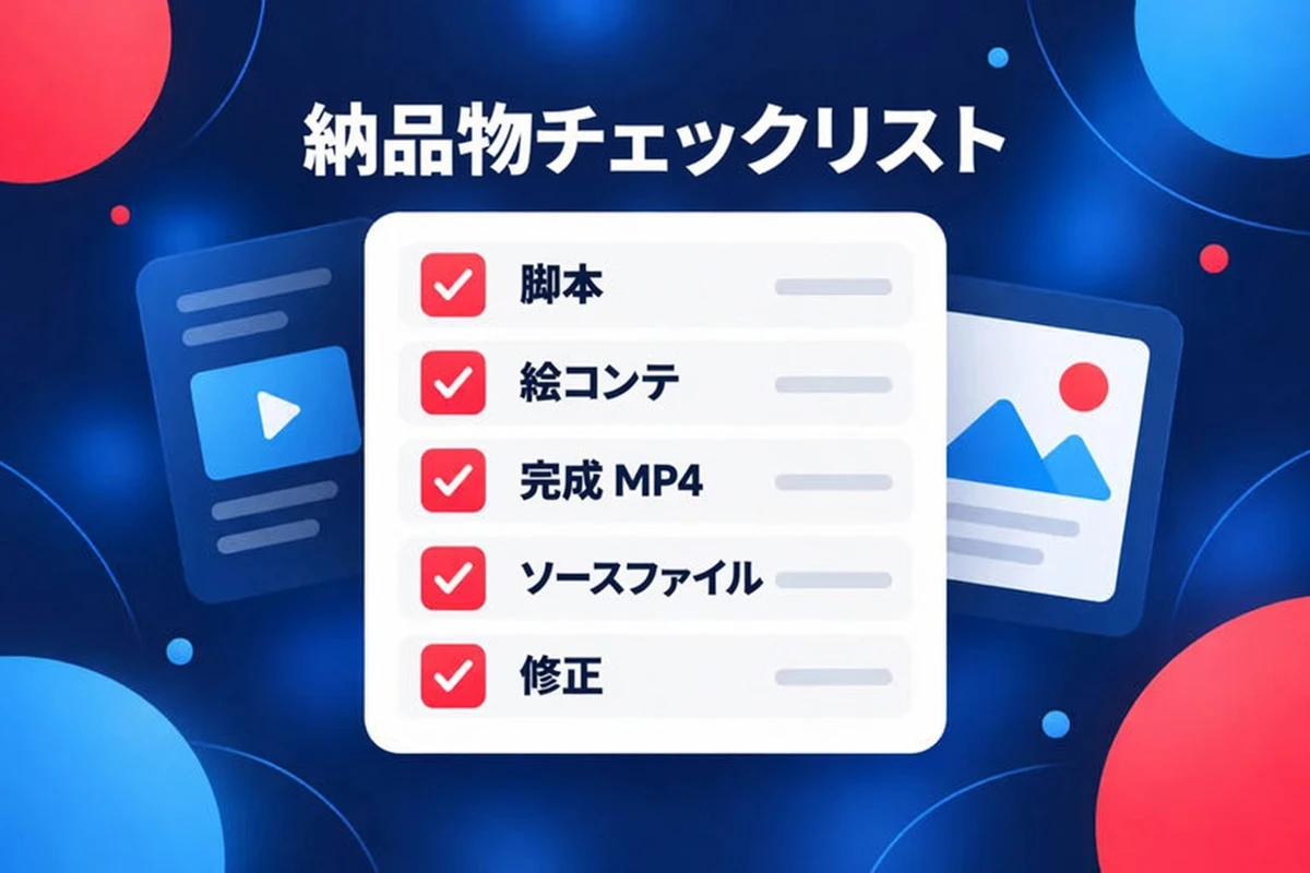 解説動画の納品物チェックリスト：台本、ストーリーボード、完成 MP4、ソースファイル、修正