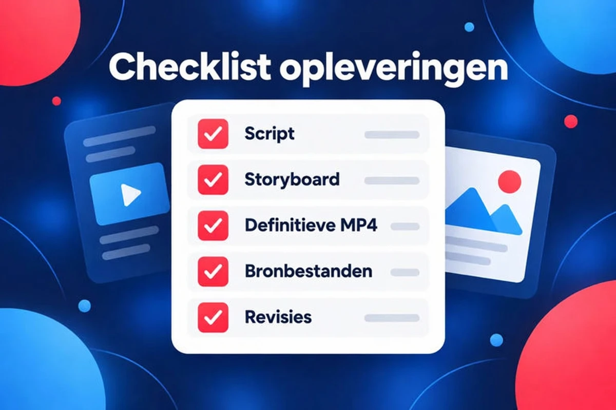 Checklist met opleveringen van een explainer-video: script, storyboard, definitieve MP4, bronbestanden en revisies
