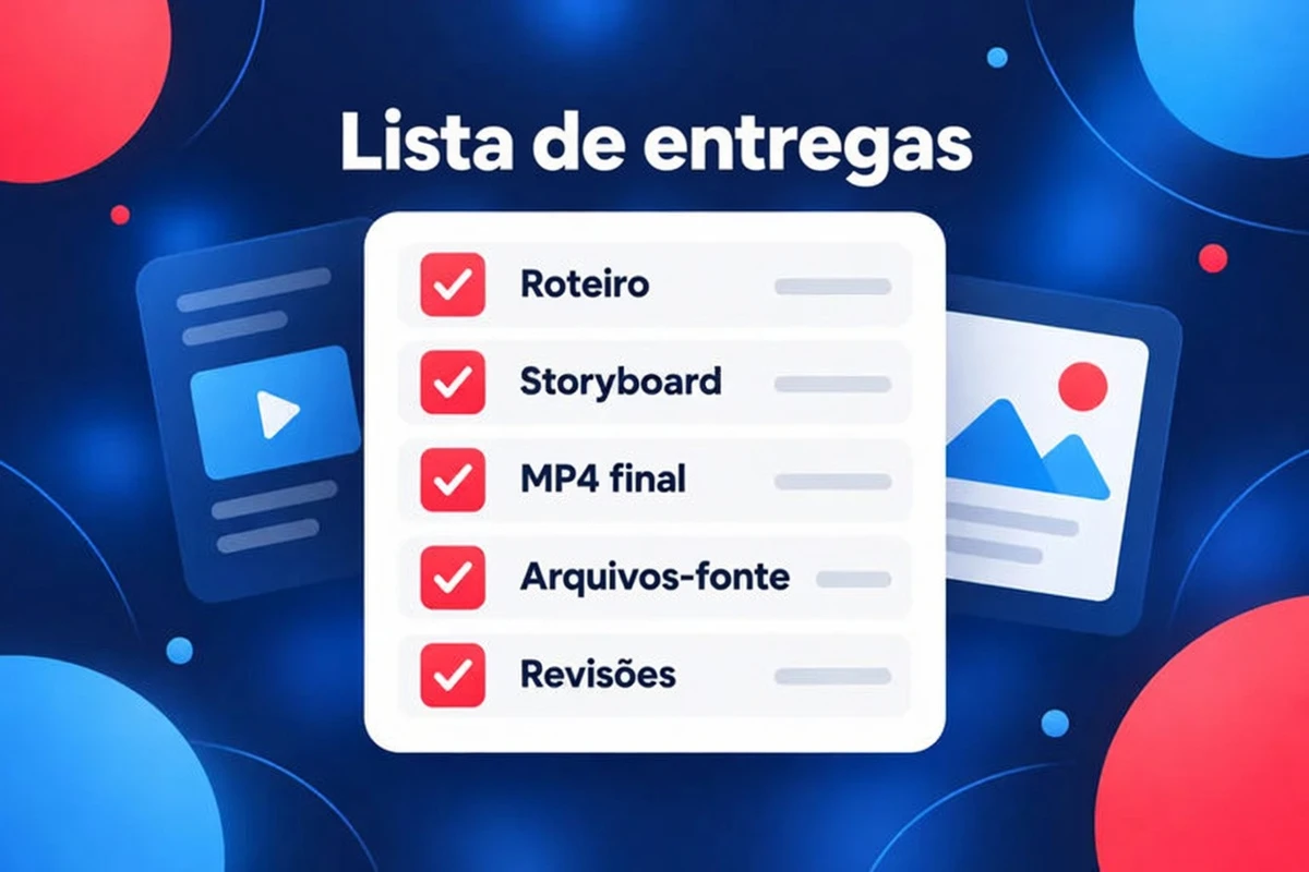 Lista de entregáveis de um vídeo explicativo: guião, storyboard, MP4 final, ficheiros-fonte e revisões