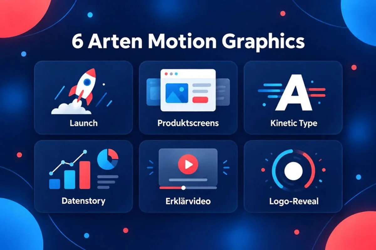 Sechs Arten von Motion Graphics: Launch, Produktbildschirme, Kinetic Type, Data Story, Erklärvideo und Logo-Reveal