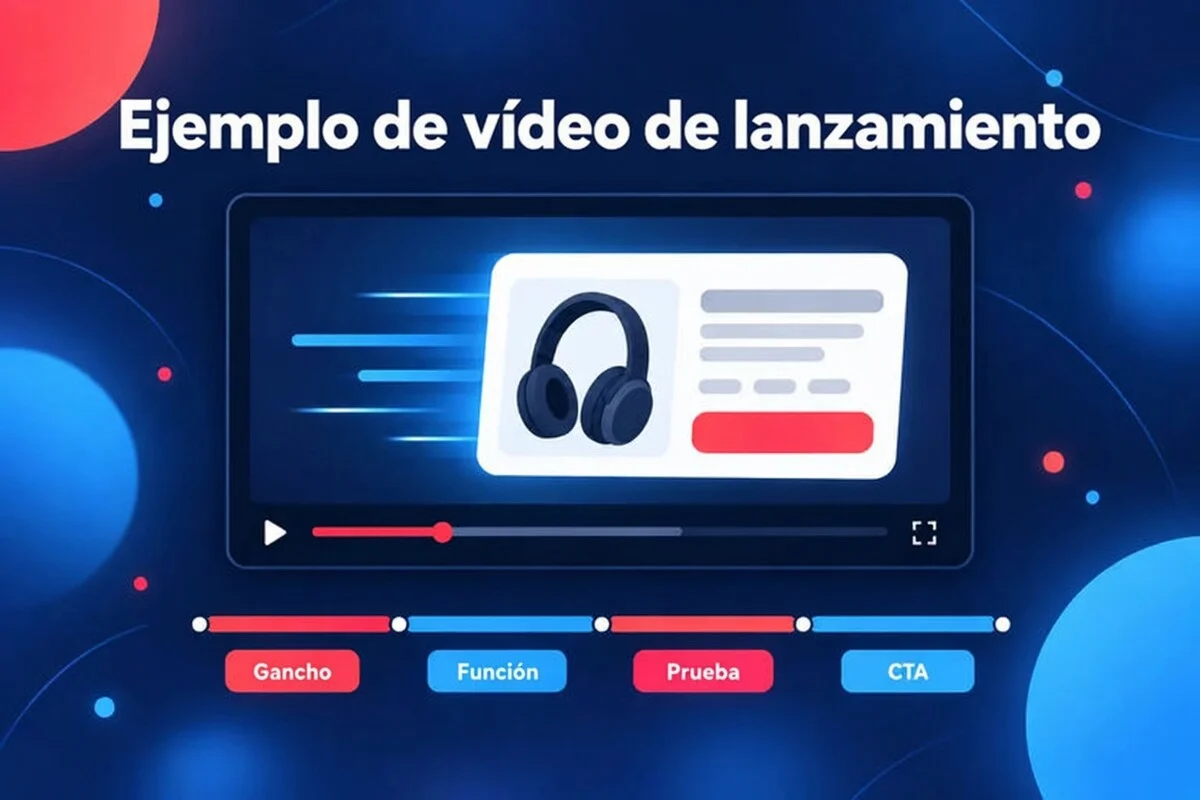 Ejemplo de vídeo de lanzamiento: una tarjeta de producto entra deslizándose, con una línea de tiempo de gancho, función, prueba y CTA