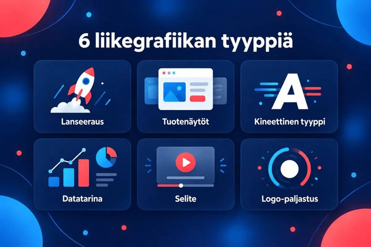 Kuusi motion graphics -tyyppiä: lanseeraus, tuotenäkymät, kineettinen typografia, datatarina, selitysvideo ja logon paljastus