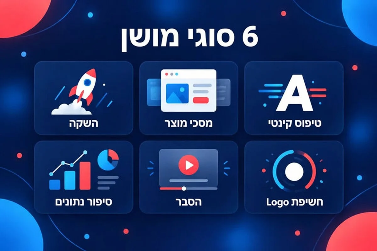 שישה סוגים של מושן גרפיקס: השקה, מסכי מוצר, טיפוגרפיה קינטית, סיפור נתונים, סרטון הסבר וחשיפת לוגו
