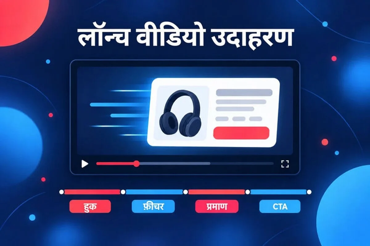 लॉन्च वीडियो का उदाहरण: उत्पाद कार्ड स्लाइड होकर आता है, और हुक, फ़ीचर, प्रूफ़ और CTA की टाइमलाइन