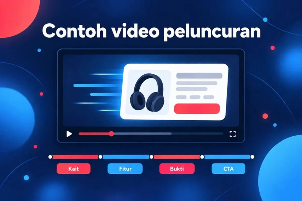 Contoh video peluncuran: kartu produk masuk dengan geser, plus linimasa hook, fitur, bukti, dan CTA