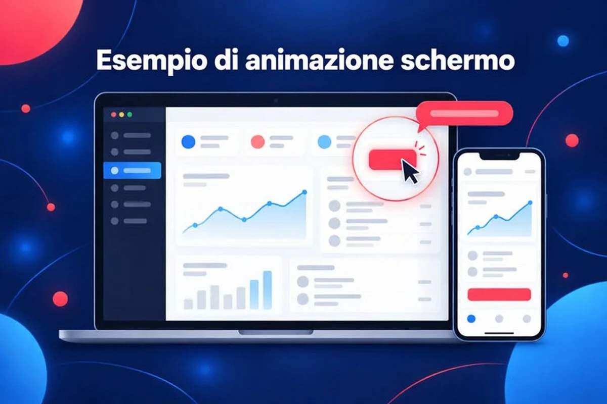 Esempio di animazione di schermata prodotto: zoom su un pulsante della dashboard e mockup del telefono
