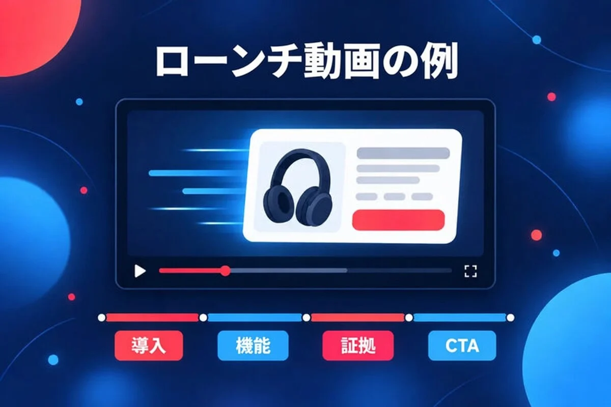 ローンチ動画の例：製品カードがスライドインし、フック、機能、証明、CTA のタイムライン