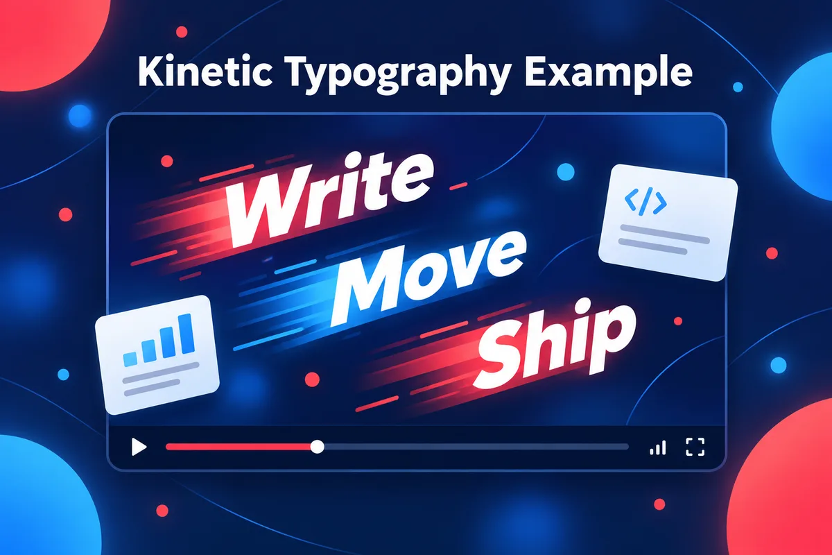 Kinetic typography example with the words Write, Move and Ship animating across a video frame