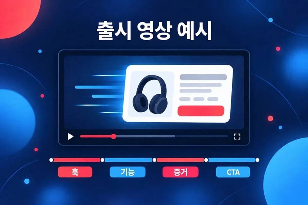 런치 영상 예시: 제품 카드가 슬라이드인하고, 훅, 기능, 증명, CTA 타임라인